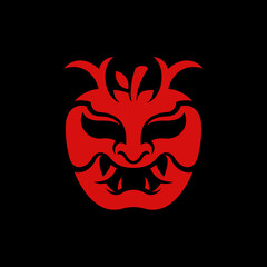 Fruit apple logo with Mask Shogun, fruit silhouette simple linear geometric shape in minimalist style.