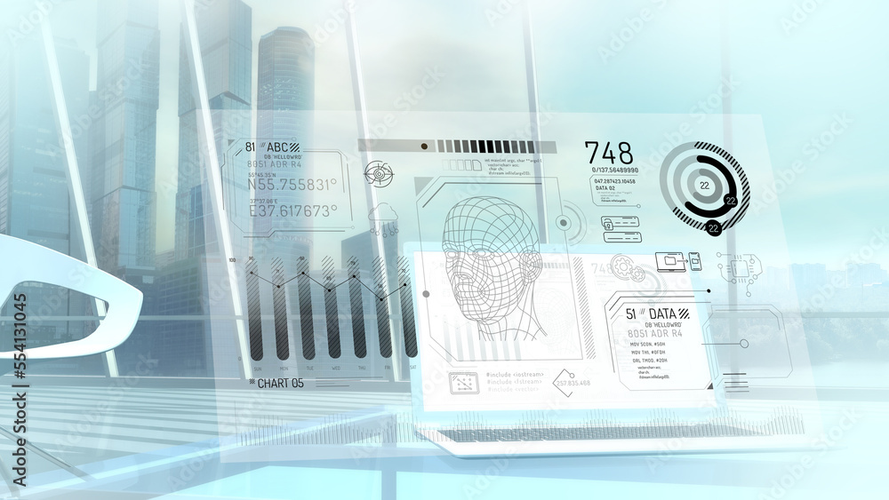Poster copying and data protection infographics on a virtual screen.