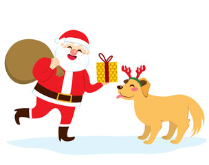 Flat vector illustration of Santa Claus giving Christmas present to cute dog wearing. Person holding Xmas gifts bag