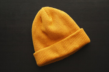 Yellow stylish crochet knit hat.