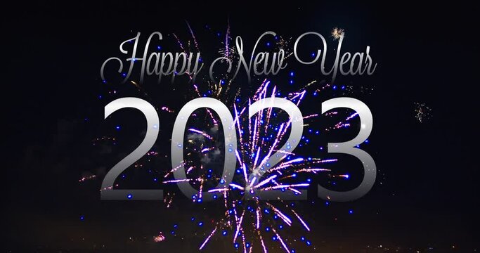 HAPPY NEW YEAR 2023 WISHES,  BEAUTIFUL FIREWORKS ON THE BACKGROUND INCLUDED TEXT | 4K 12-BIT VIDEO 
