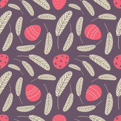 Eggs and feathers Easter seamless pattern. Festive Easter background