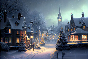 A beautiful village with a big and beautiful christmas tree in painting style. Created using generative AI technology