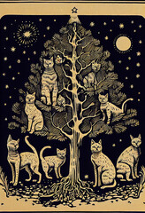 Linocut Style Design of Many Cats on Christmas Tree in Forest. Generative ai