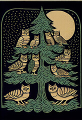 Linocut Style Design of Many Owls on Christmas Tree in Forest. Generative ai
