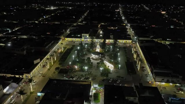 Principal Garden. Christmas 2022 in Tuxpan, Jalisco, Mexico. Drone, Timelapse