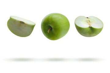 Various types of apples with a shadow on a transparent background.
