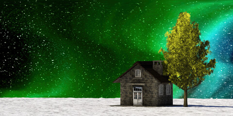 3d rendering of nice galaxy view with old house