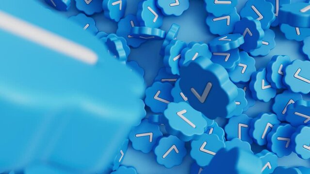 Top view of falling heap of verified logo blue check for background 3D rendering	