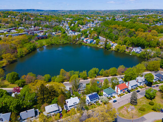Chandler Pond aerial view in summer at Lake Street in Brighton, city of Boston, Massachusetts MA, USA. 