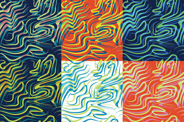 Set of abstract patterns. Winding multicolored lines.