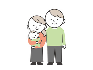 並んで立つ3人家族（父親と母親と赤ちゃん）