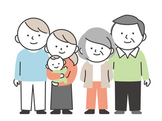 並んで立つ3世代の家族（祖父母と父親と母親と赤ちゃん）