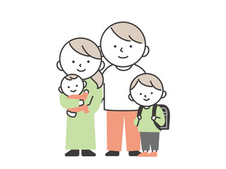 並んで立つ4人家族（父親と母親と赤ちゃんと小学生）