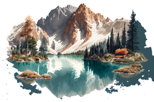 Illustrative Drawing Of High Mountains With A Lake In Front. Watercolor Style Painting With White Borders. Generative AI.