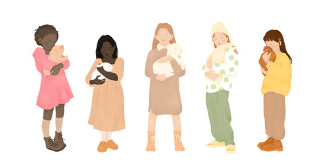 friends not food a group of five multi ethnic little girls holding cute animals in their arms on transparent background