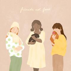 friends not food a group of three multi ethnic little girls holding cute animals in their arms with text