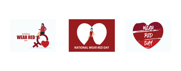  National Wear Red day on February 7th, Woman in evening red dress looking back, set flat vector modern illustration