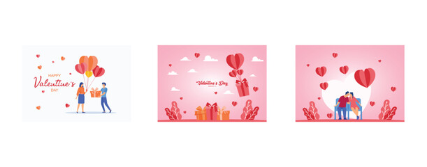 Valentine's Day, Gift box with heart balloon floating it the sky,  Love concept, set flat vector modern illustration