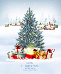 Holiday Christmas and Happy New Year background with a winter  Сhristmas tree, colorful presents and magic box. Vector.