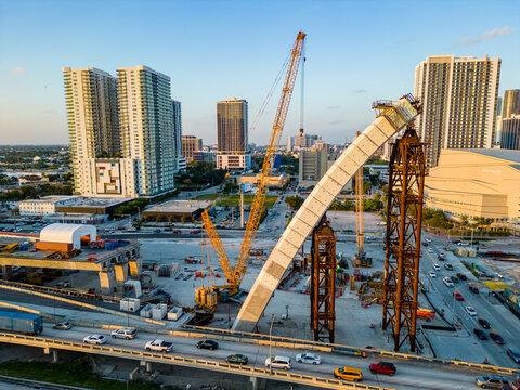 Aerial drone photo of the new Signature Bridge Downtown Miami under construction