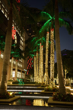 Night photo of holiday lights at 600 Brickell office plaza