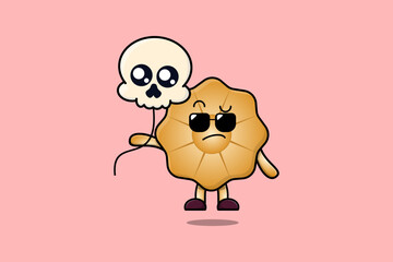 Cute cartoon Cookies floating with skull balloon in flat cartoon vector icon illustration