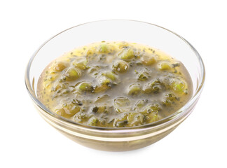 Bowl of delicious gooseberry jam isolated on white