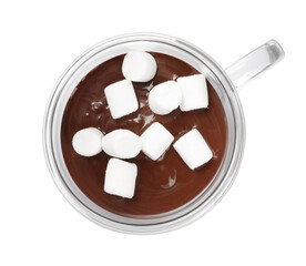Glass cup of delicious hot chocolate with marshmallows on white background, top view