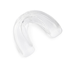 Transparent dental mouth guard isolated on white, top view. Bite correction