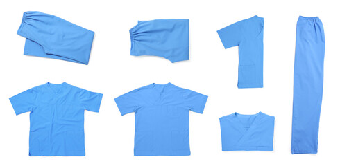 Medical uniform isolated on white, top view. Banner design