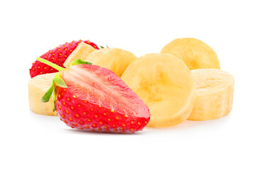 Fresh strawberries and banana on white background