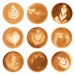 Latte art. Many coffee drinks on white background, top view