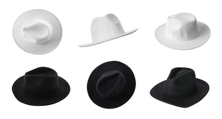 Set with different stylish hats on white background