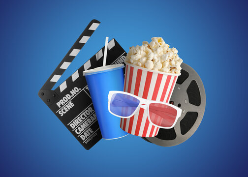 Movie clapper, drink, pop corn, 3D glasses and film reel on blue background. Collage design