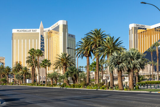 view of the famous strip road and Mandalay Bay and Dolano Hotel in Las Vegas, USA.