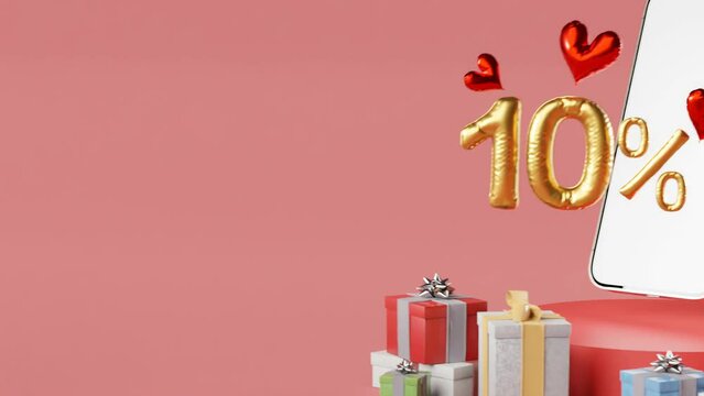Valentine's Day concept. 10 % discount sign in the form of golden balloons on smartphone with copy space for text. discount concept. offer concept.