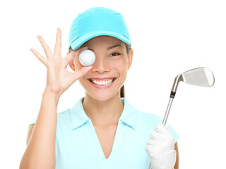 Golf fun. Happy woman golf player showing golf ball holding golf club. Funny cute image of Asian Caucasian female golf player isolated cutout PNG on transparent background.