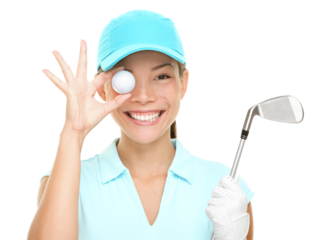 Golf fun. Happy woman golf player showing golf ball holding golf club. Funny cute image of Asian Caucasian female golf player isolated cutout PNG on transparent background.