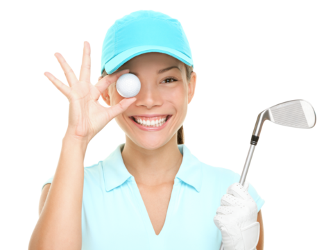 Golf fun. Happy woman golf player showing golf ball holding golf club. Funny cute image of Asian Caucasian female golf player isolated cutout PNG on transparent background.