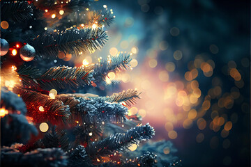 Christmas winter with x-mas tree with blurred bokeh dreamy background and copy space. Generative AI illustration