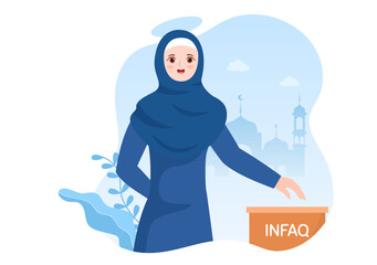 Muslim People Giving Alms, Zakat or Infaq Donation to a Person Who Need it in Flat Cartoon Poster Hand Drawn Templates Illustration