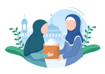 Muslim People Giving Alms, Zakat or Infaq Donation to a Person Who Need it in Flat Cartoon Poster Hand Drawn Templates Illustration