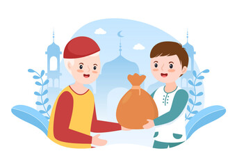 Muslim Kids Giving Alms, Zakat or Infaq Donation to a Person Who Need it in Flat Cartoon Poster Hand Drawn Templates Illustration