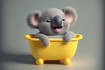 Adorable Koala Baby Taking a Bath in Yellow Tub. Generative ai