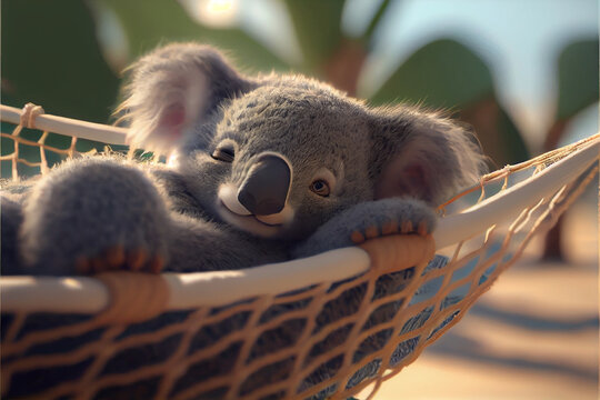 Adorable Koala Relaxing Relaxing On Beach In Hammock. Generative Ai