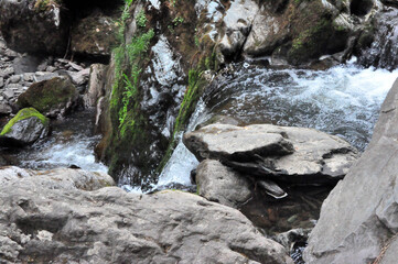 A cascade of a waterfall on the bed of a small river skirting stones overgrown with moss.