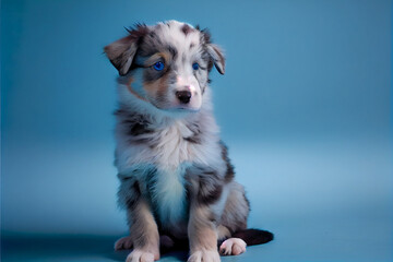 Fototapeta premium Australian Shepherd Puppy Sitting on Blue Background. Generative ai