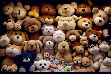 Shelves Full of Old Forgotten Stuffed Teddy Bears. Generative ai