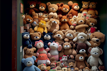 Shelves Full of Old Forgotten Stuffed Teddy Bears. Generative ai